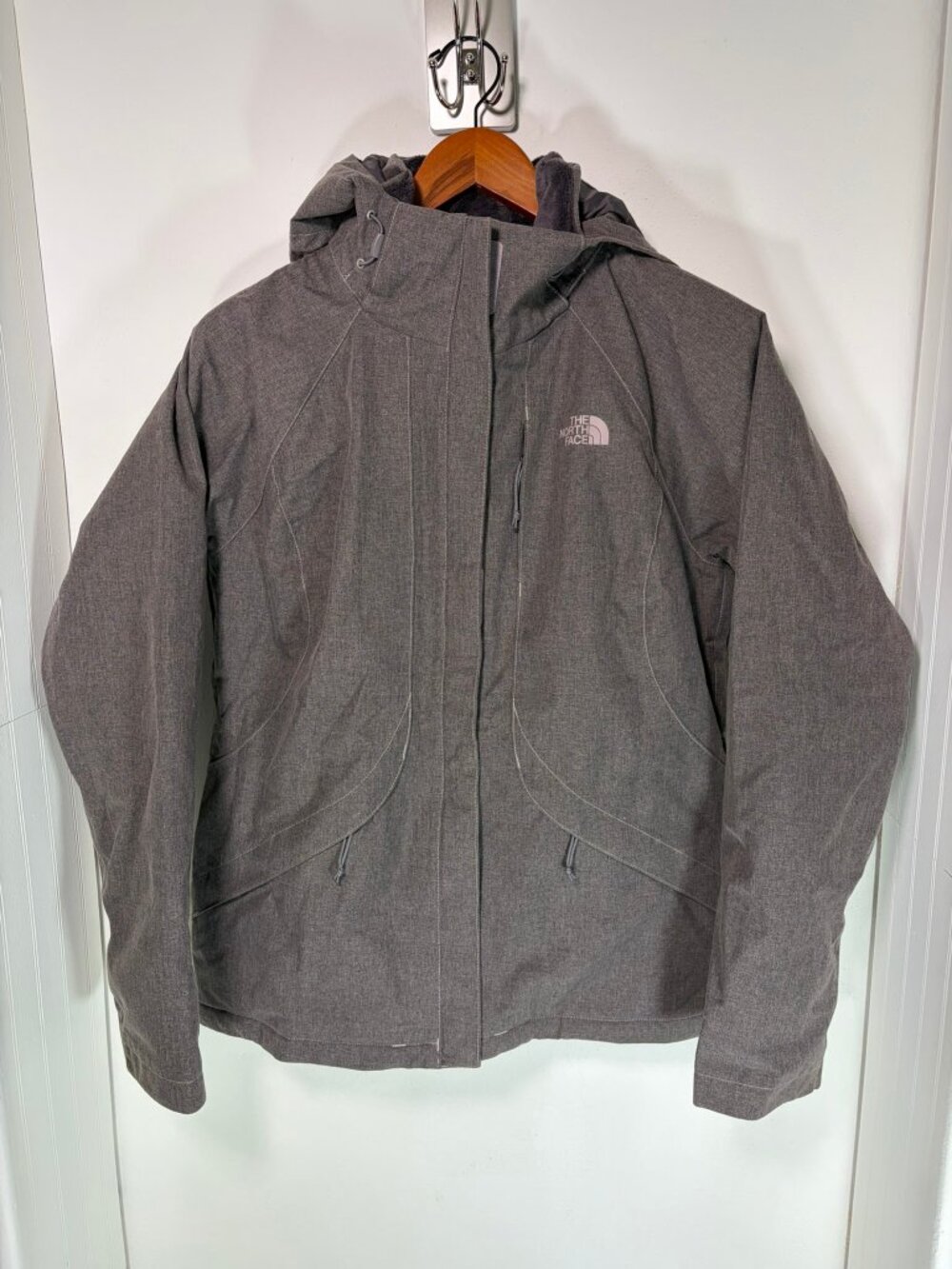 The North Face Insulated Hooded Jacket Women's M Heather Gray Herringbone Plush